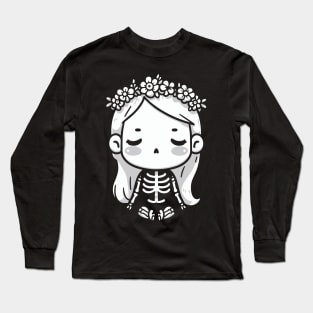 Cute Kawaii Girl in a Skeleton Costume and Doing a Yoga Pose | Skeleton Design Long Sleeve T-Shirt